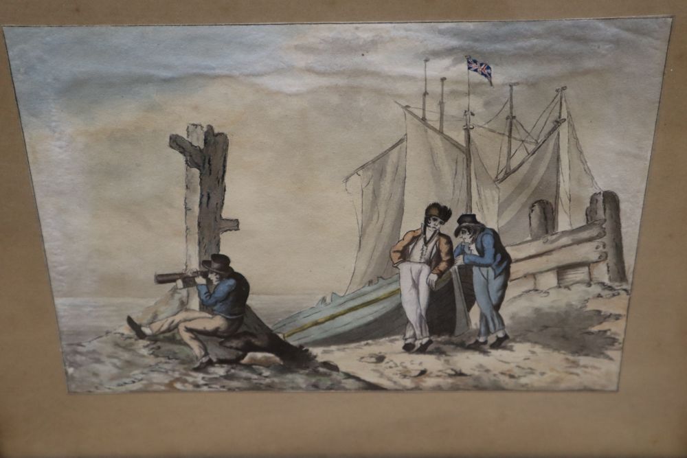 After J M W Turner, sepia watercolour, Dutch boats in a gale, 15 x 22cm and an 18th century watercolour of fisherfolk on the shore, 14